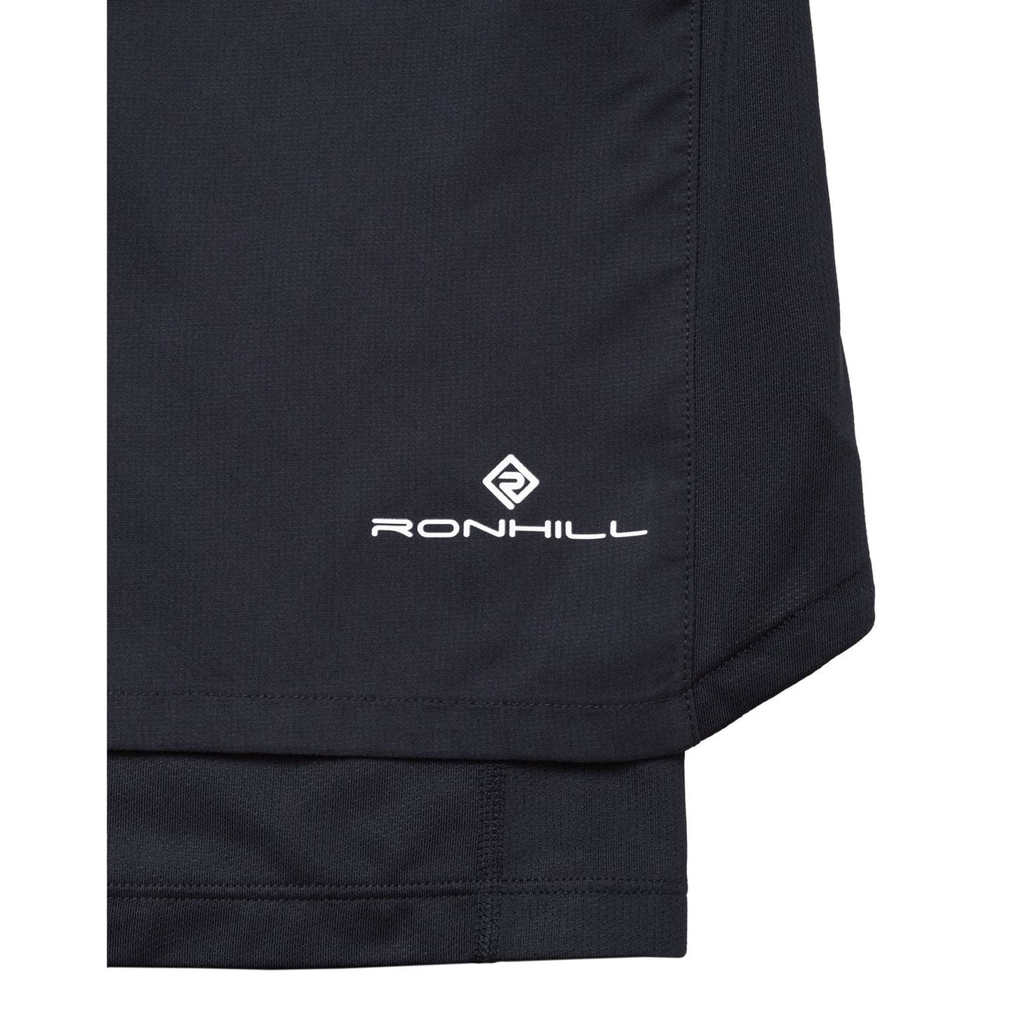 Ronhill men's Tech 5-inch twin running shorts in black with lightweight fabric and built-in pockets for active running.