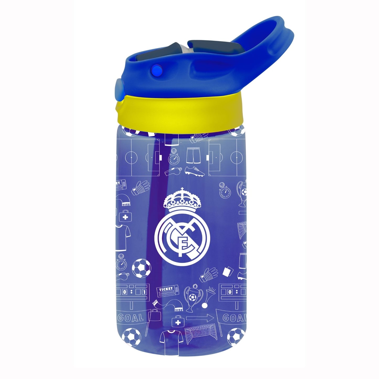 Team Merchandise 480ml kids water bottle with colorful sports-themed design, made of durable plastic for active children.