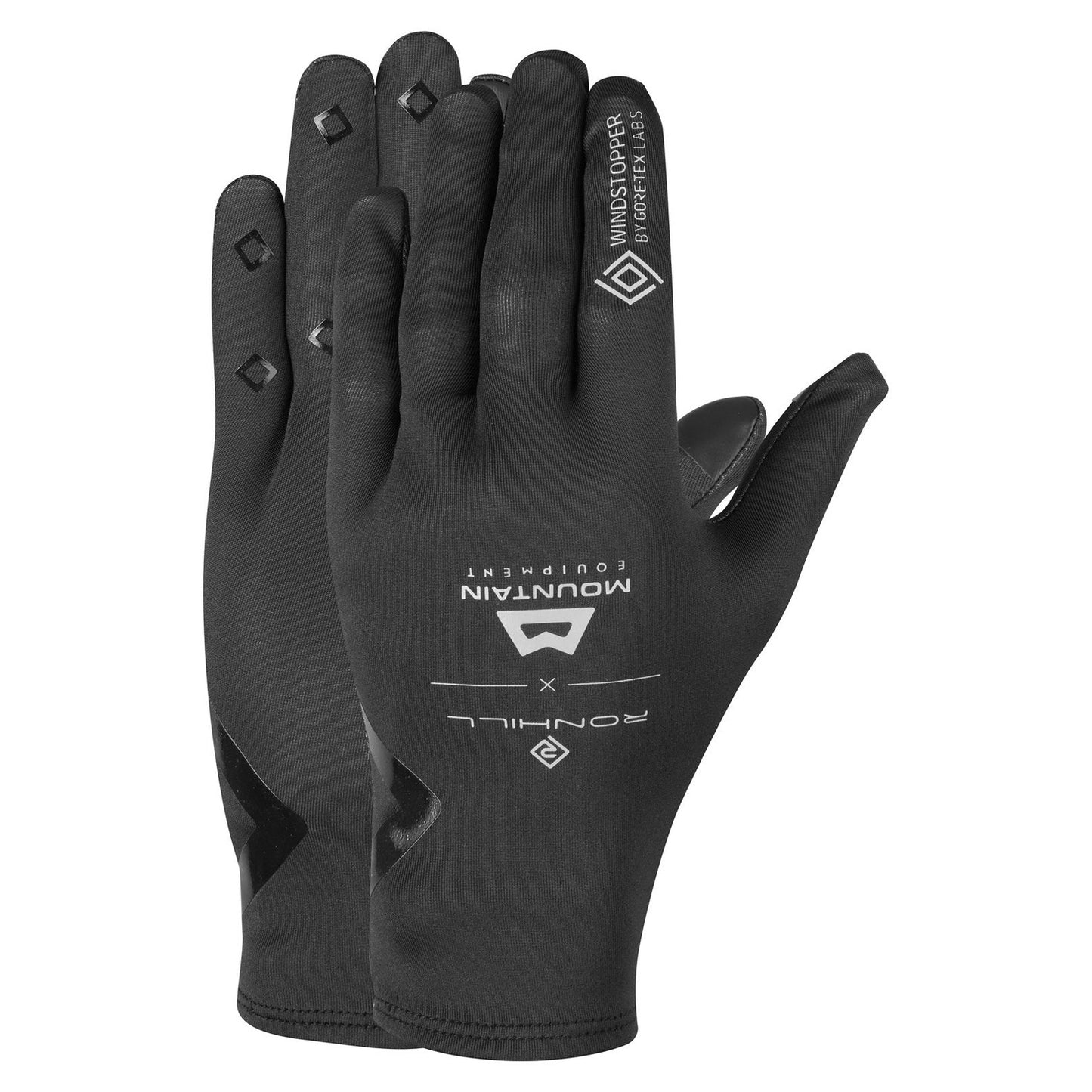 Ronhill Gore-Tex Windstopper running gloves showing black windproof gloves with textured fingertips for cold weather running.