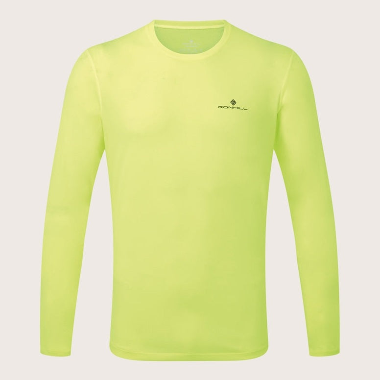 Ronhill men's Core long sleeve running tee in black, lightweight athletic top with breathable fabric and RONHILLRUNNING branding.