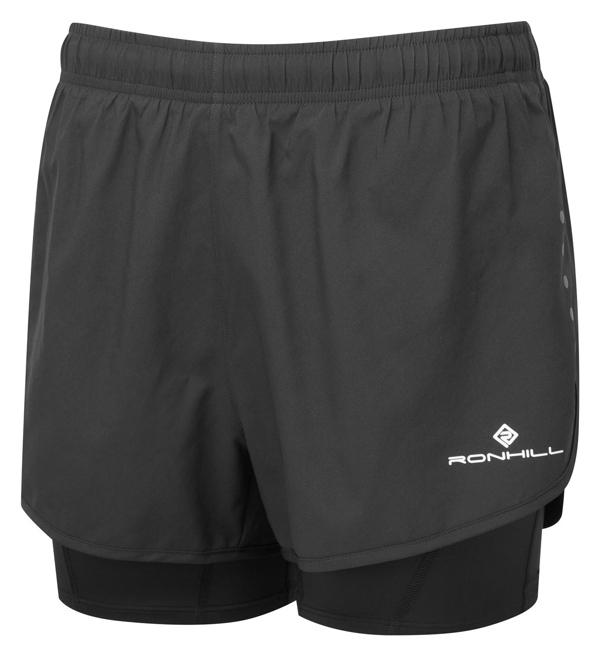 Ronhill women's Core Twin Short for running, black with lightweight fabric and elastic waistband, designed for comfortable active wear.