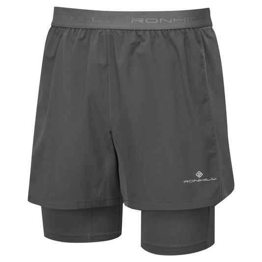 Ronhill men's Tech 5In Twin Shorts for running, lightweight and breathable athletic shorts, black with logo details.