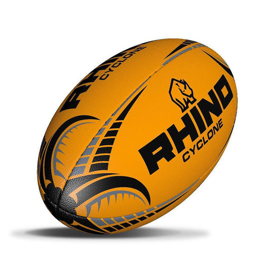 Rhino Cyclone Rugby Training Ball, durable sporting goods ball with textured surface for improved grip during rugby practice.