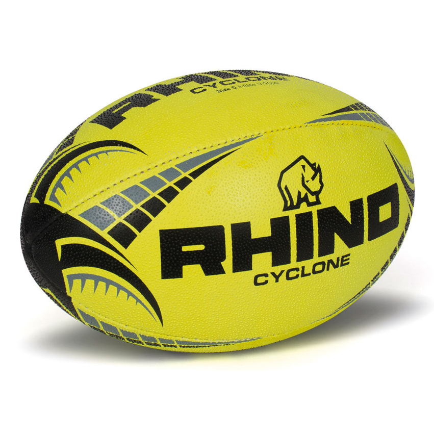 Rhino Cyclone XV rugby ball for training and match play, sporting goods, with detailed panel design and Rhino branding.