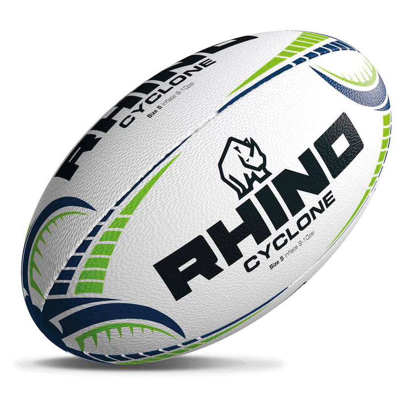 Rhino Cyclone Rugby Training Ball with bold green and black design, ideal for practice and training in sporting goods.