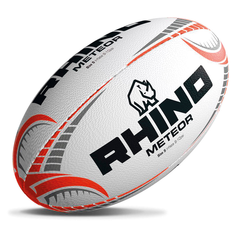 Rhino Meteor Match Rugby Ball showing official size and weight, with detailed textured surface and branding in bright colors.