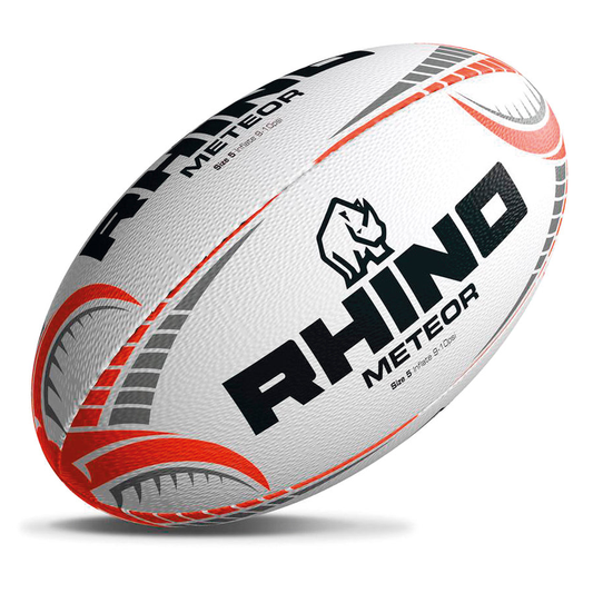 Rhino Meteor Match Rugby Ball in official size and weight, featuring a classic design suitable for competitive rugby games.