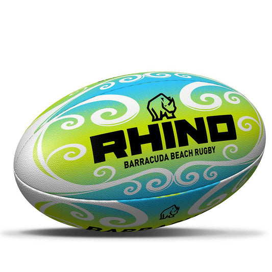 Rhino Barracuda Beach Rugby Ball with bold blue and white design, suitable for outdoor beach rugby games.