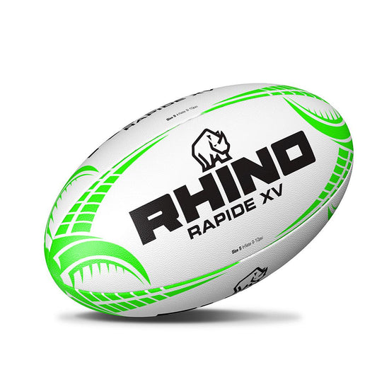Rhino Rapide rugby training ball with white and black panels, designed for rugby practice and sporting goods use.