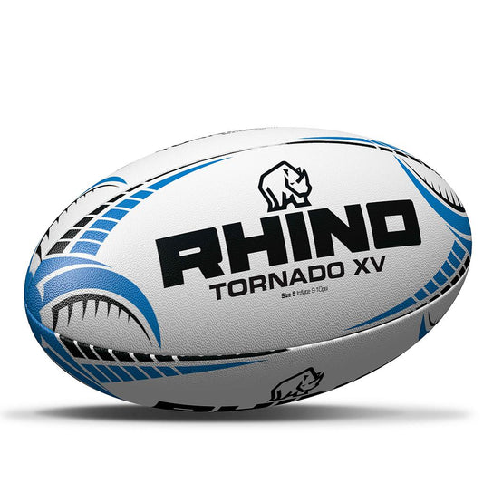 Rhino Tornado XV Match Rugby Ball with detailed panel design, professional-grade sporting goods for rugby matches.