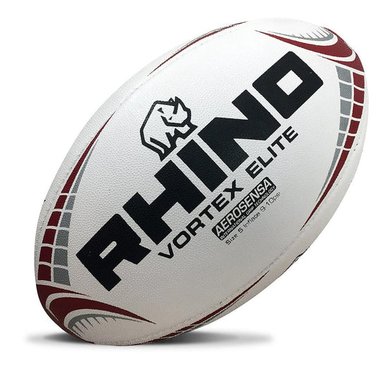 Rhino Vortex Elite Replica Rugby Ball showing the detailed textured surface and vibrant team colors.