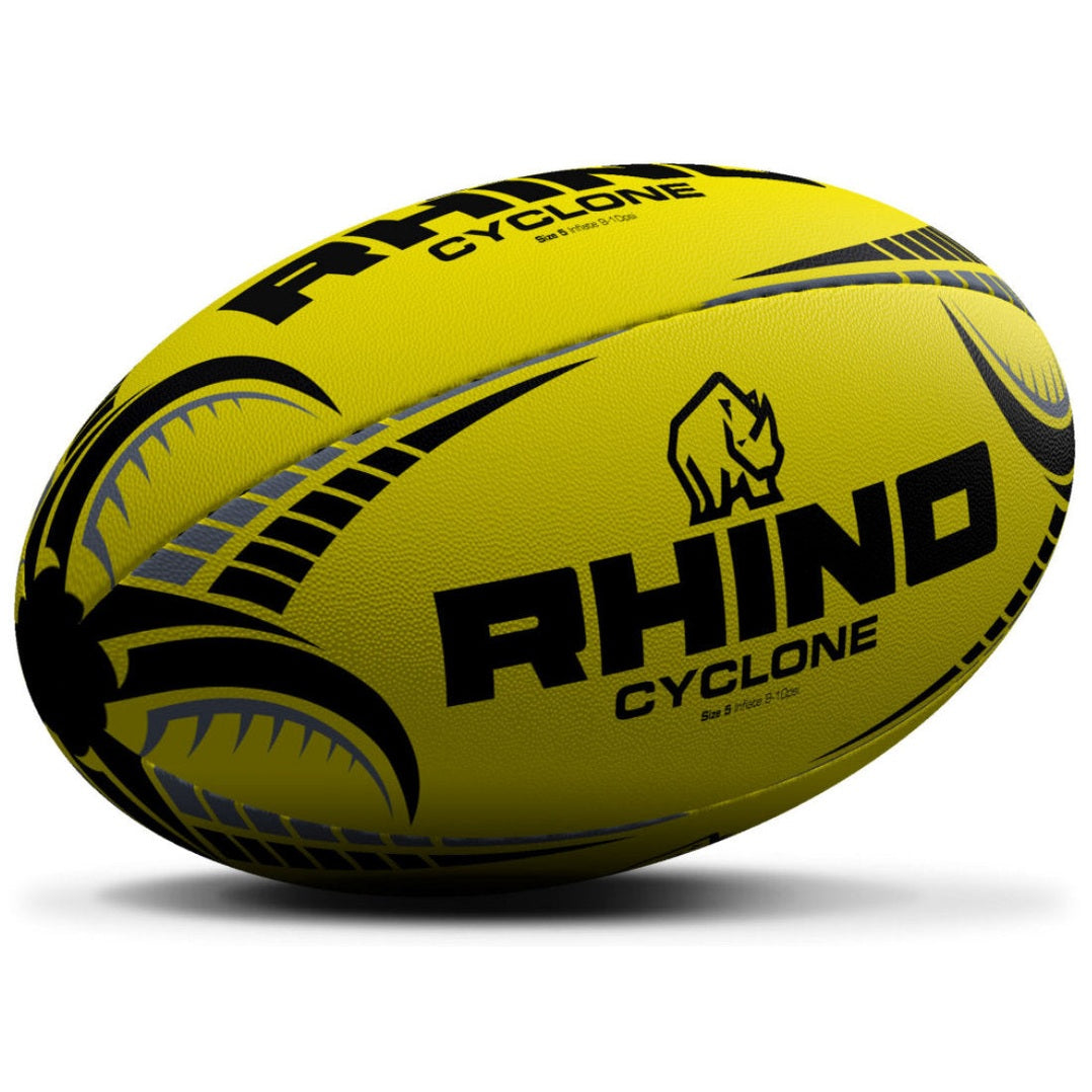 Rhino Cyclone rugby ball with bold blue and black design, featuring Rhino branding, suitable for training and match play.