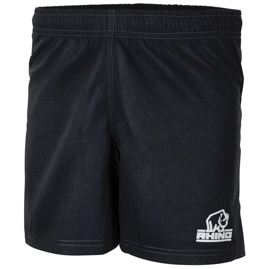 Rhino Auckland Rugby Shorts for adults, black and red sports shorts with Rhino branding, made for rugby and athletic activities.