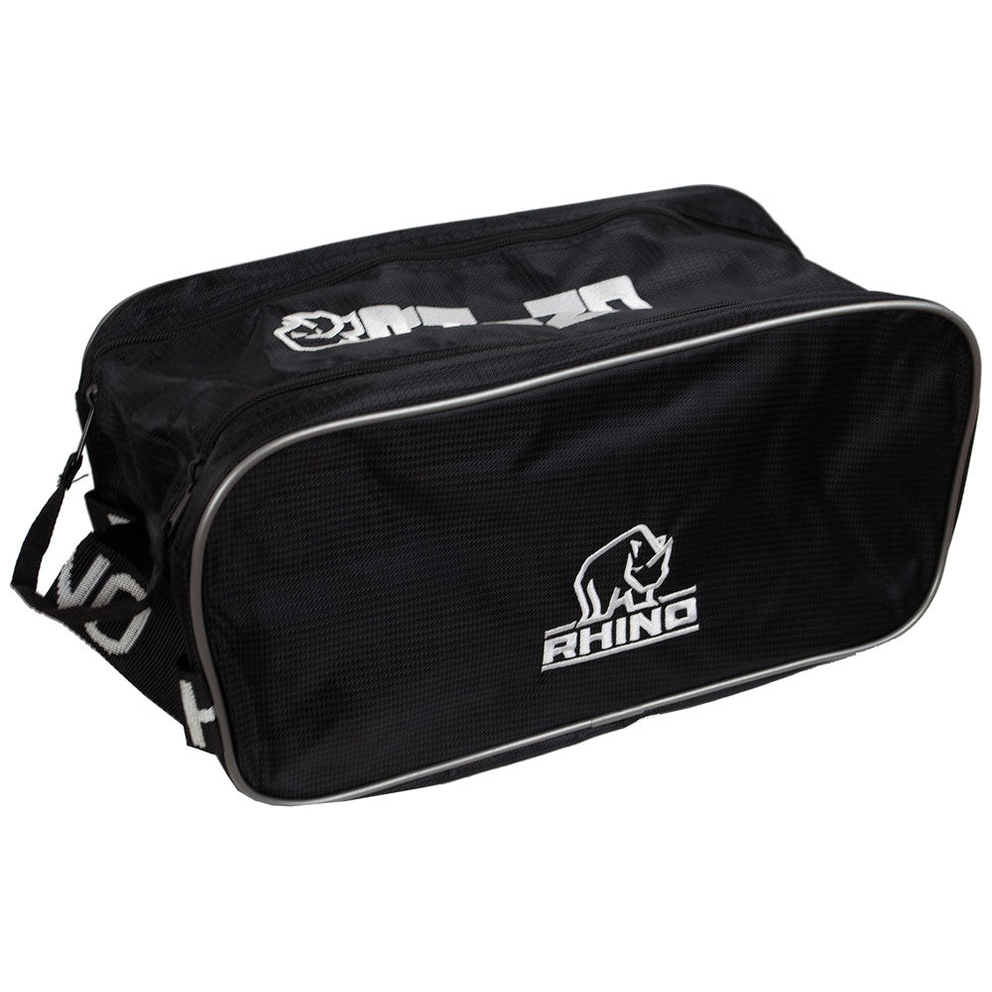 Rhino Shoe Bag in black with zipper closure, made of durable sporting goods material, perfect for carrying and protecting shoes.