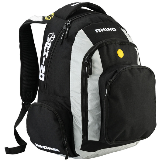 Rhino Gameday Rucksack 32L in black with multiple compartments, adjustable straps, and sporty design for athletic use.