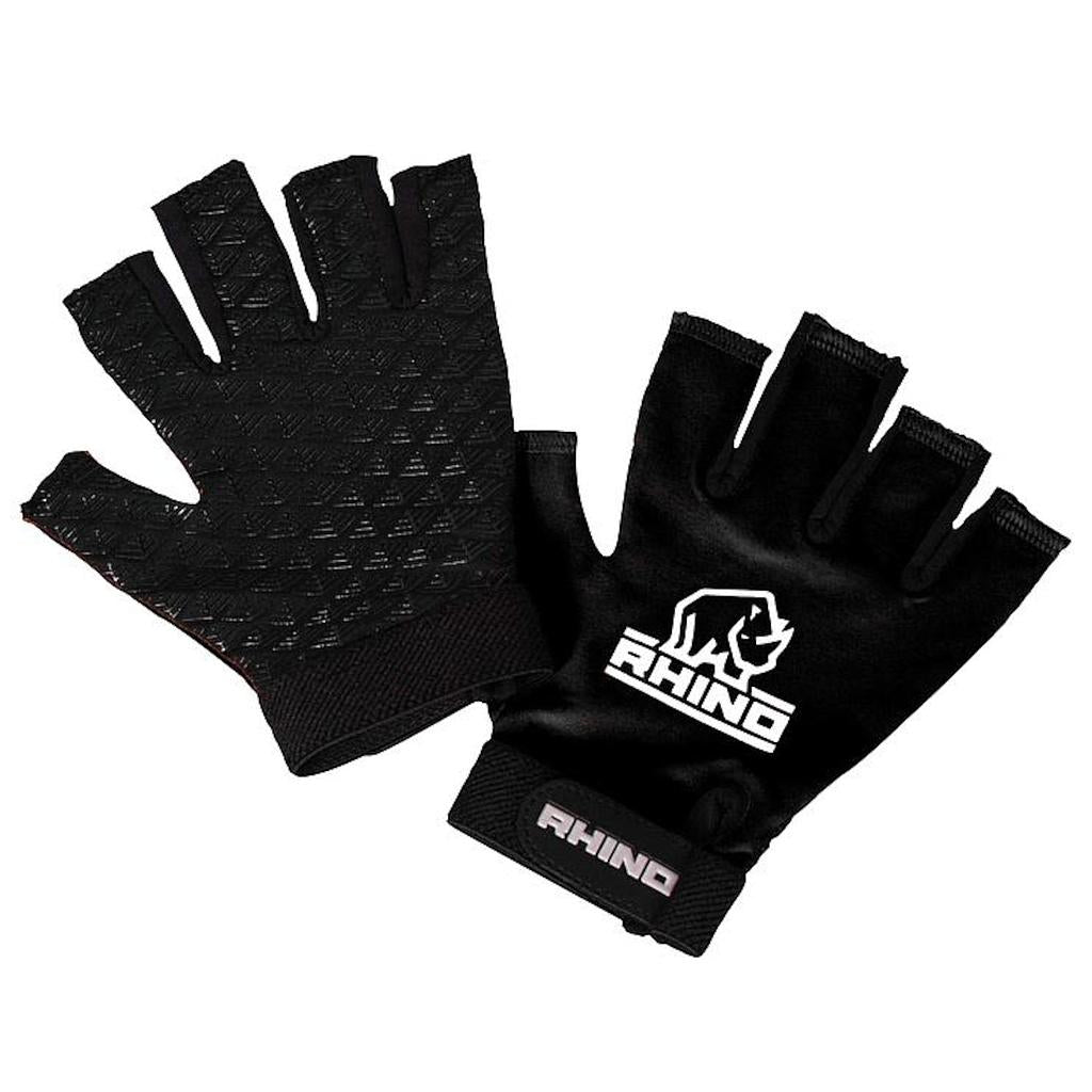 Rhino Pro half finger mitts for adults, sporting goods, showing black and gray fabric with padded palms and fingerless design.