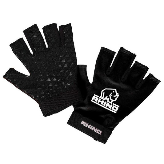 Rhino Pro half finger mitts for adults, sporting goods, showing black and gray fabric with padded palms and fingerless design.