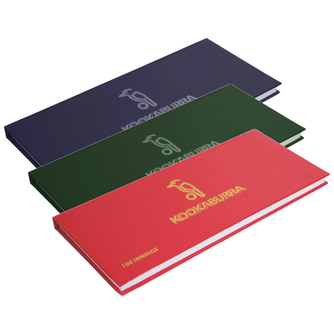 Kookaburra cricket score book for 100 innings, featuring a durable cover and lined pages for recording match scores and details.