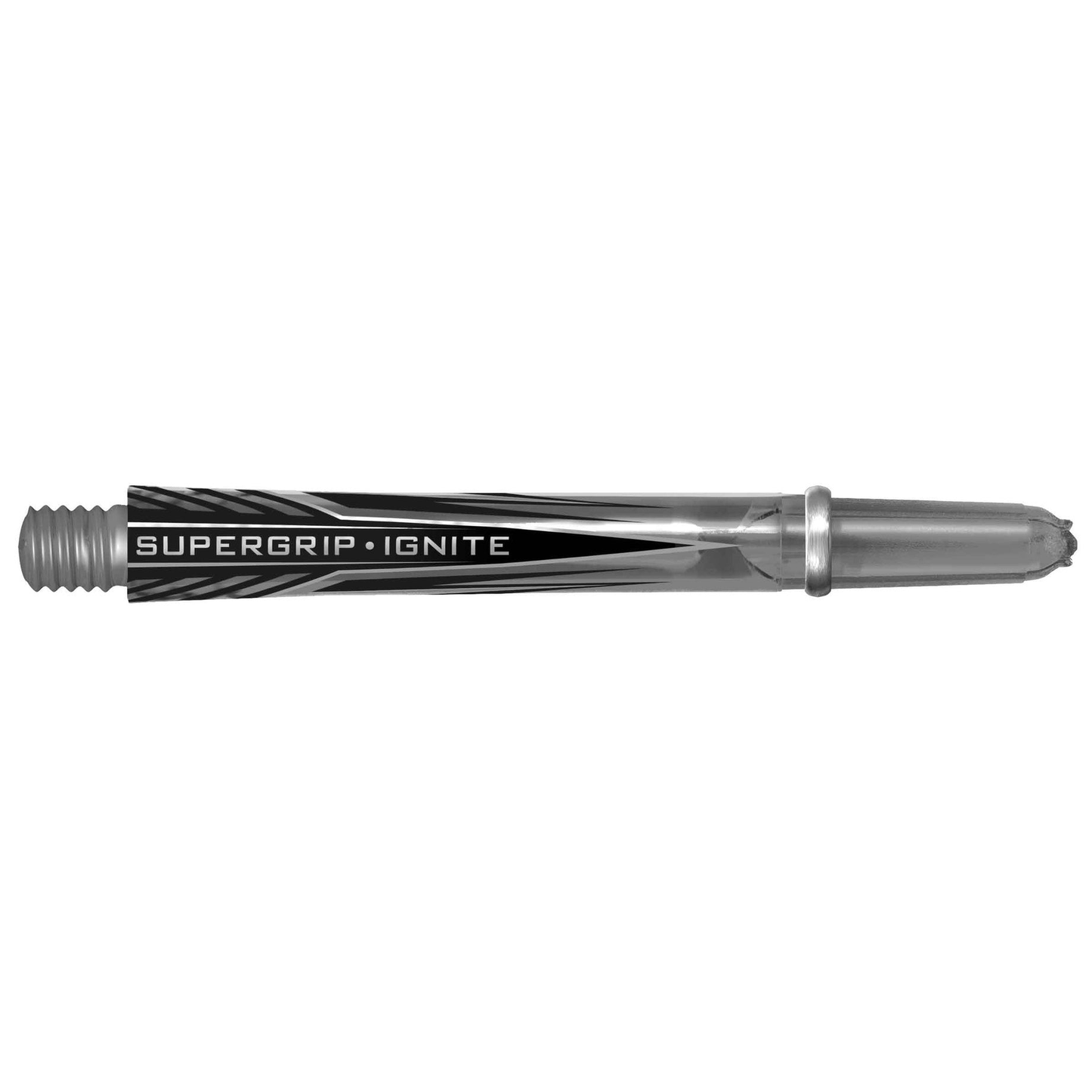 Harrows Supergrip Ignite dart shafts, sporting goods, shown in black with grip texture and branding details.