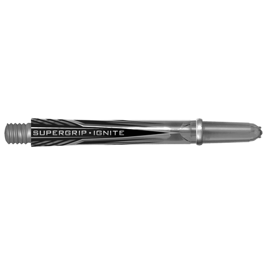 Harrows Supergrip Ignite dart shafts in black with ergonomic design, made for secure grip and durability in dart playing.