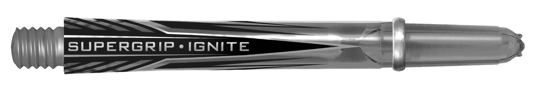 Harrows Supergrip Ignite dart shafts in black and silver, designed for durability and precise dart play.
