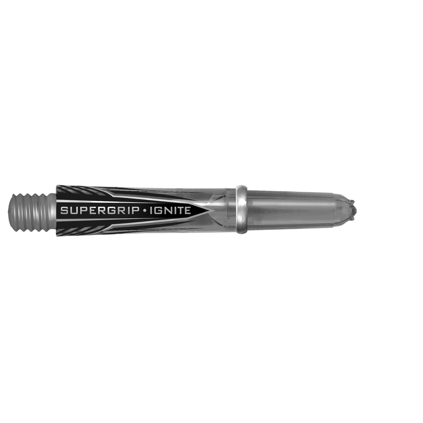 Harrows Supergrip Ignite dart shafts in black and silver, showcasing their lightweight design and textured grip for enhanced control.