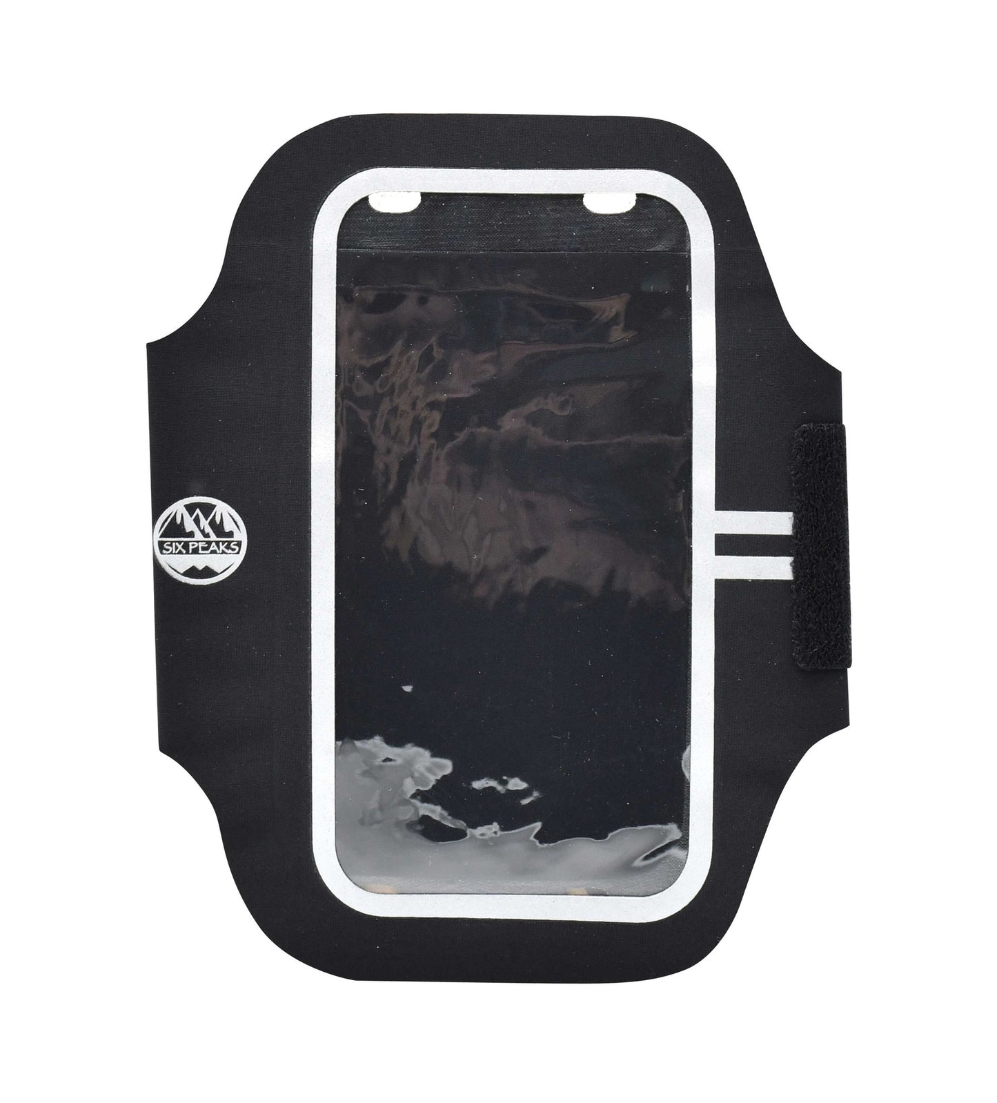 Six Peaks armband phone holder for sports, showing adjustable strap and secure pocket for smartphone during workouts.