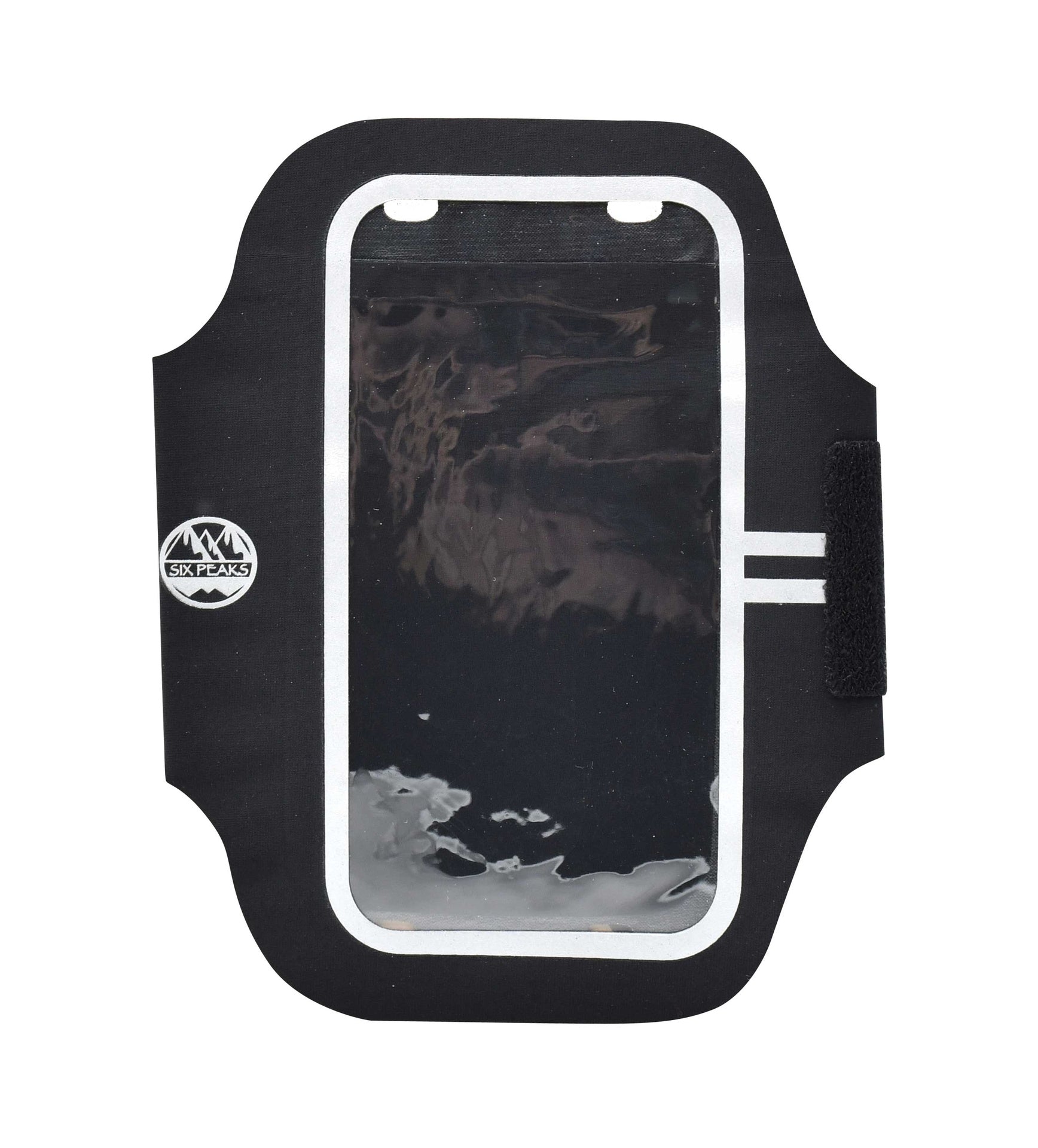 Six Peaks armband phone holder for sports, showing adjustable strap and secure pocket for smartphone during workouts.