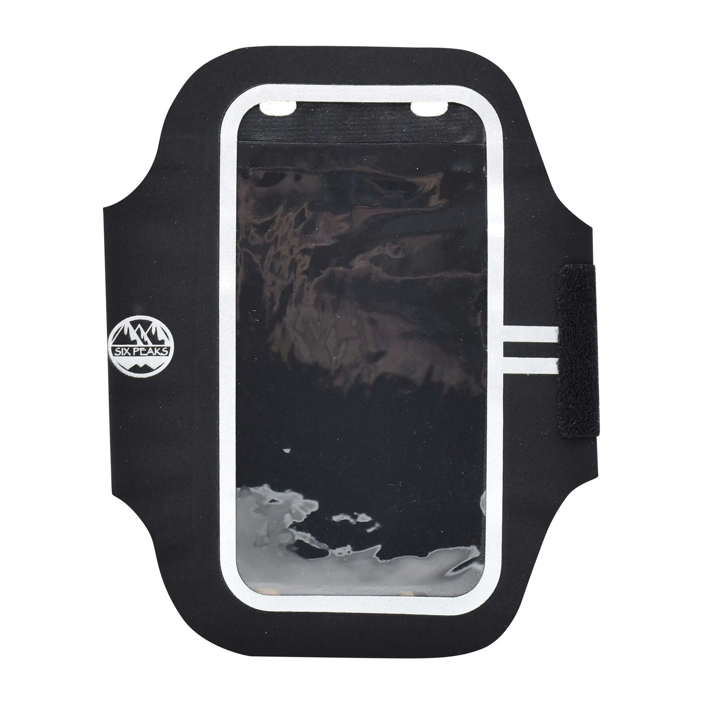 Six Peaks armband phone holder with adjustable strap and secure pocket, perfect for running and workouts.