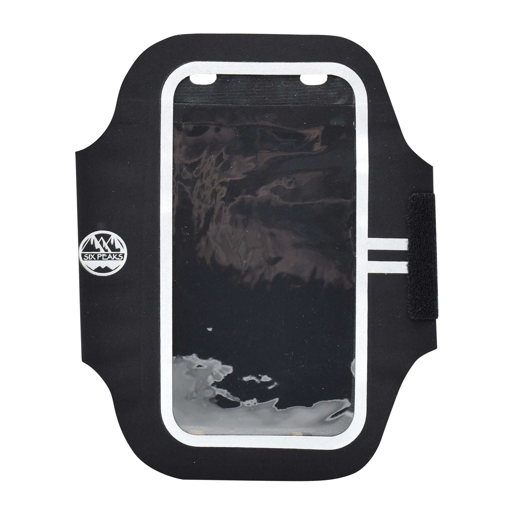 Six Peaks armband phone holder with adjustable strap and secure pocket, perfect for running and workouts.