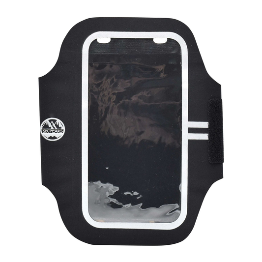 Six Peaks armband phone holder with adjustable strap and secure pocket, perfect for running and workouts.