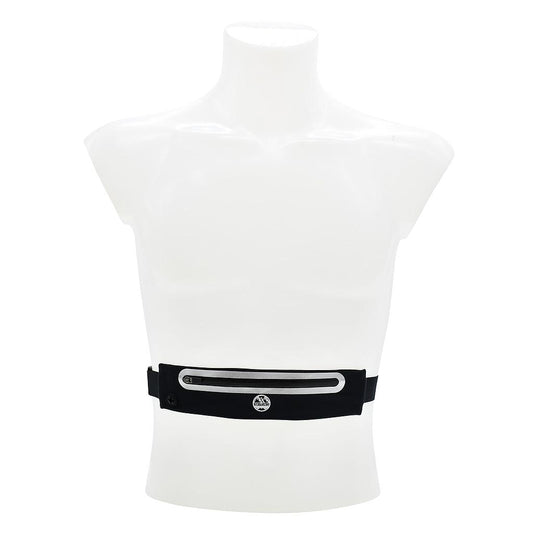 Six Peaks reflective running waist belt with adjustable expansion, featuring a sleek black design and reflective accents for visibility.