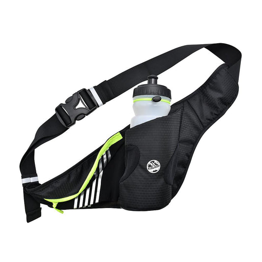 Six Peaks running waist belt with bottle holder, black, adjustable strap, designed for sports and outdoor activities.