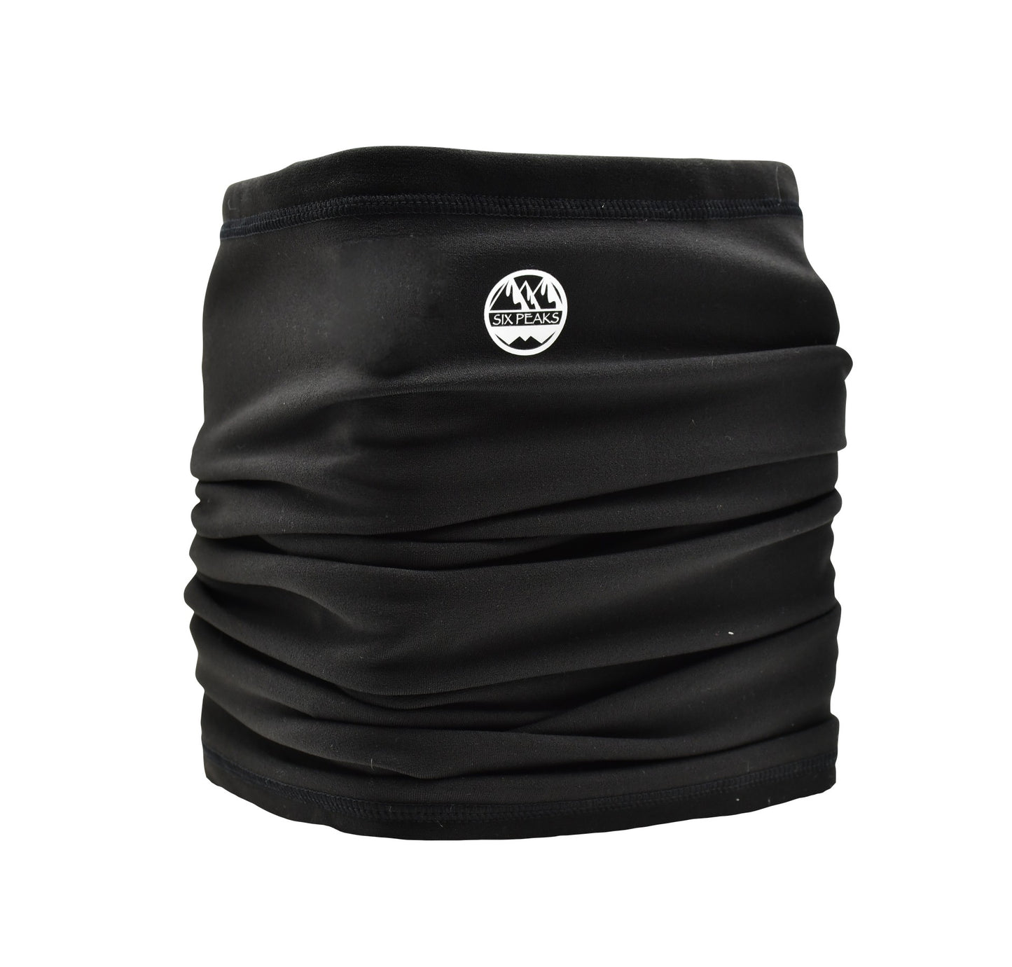 Six Peaks winter neck warmer in black, made of soft fabric, designed for outdoor sports and cold weather protection.