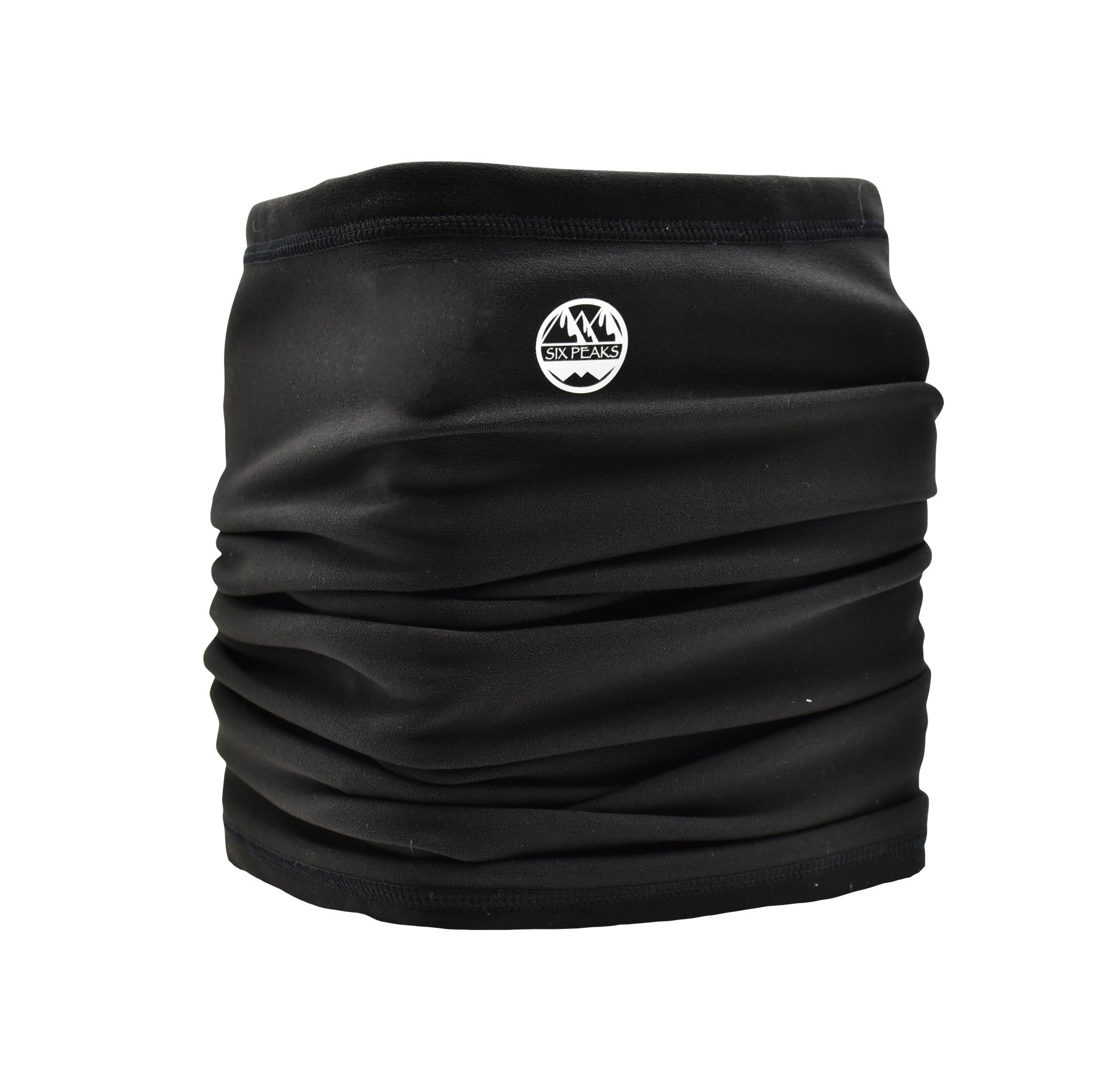 Six Peaks winter neck warmer in black, made of soft fabric, designed for outdoor sports and cold weather protection.