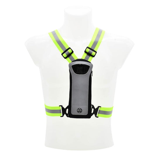 Six Peaks LED reflective vest with phone holder, sporting goods, featuring bright reflective material and adjustable straps.