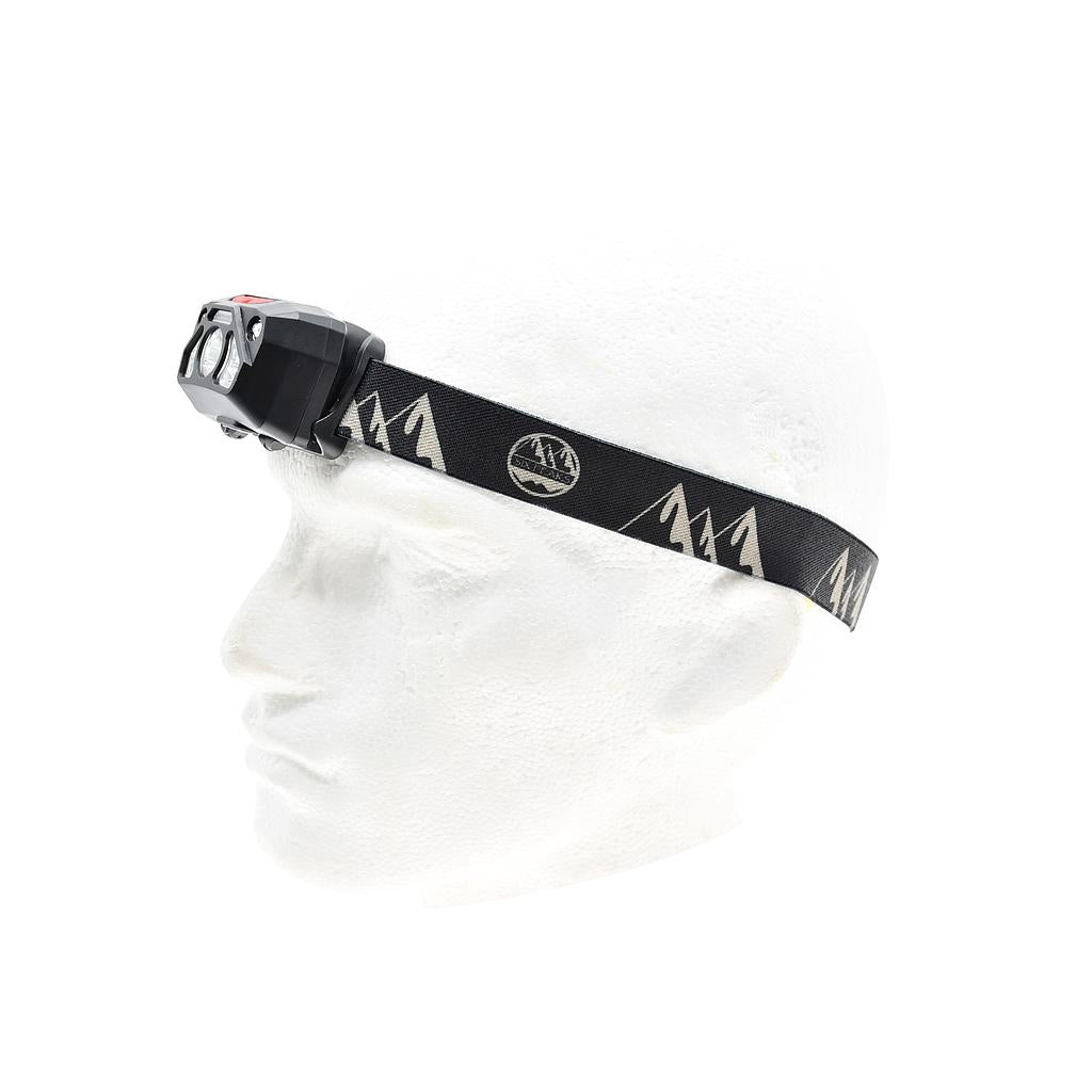 Six Peaks LED head torch with motion sensor, sporting goods headlamp showing adjustable strap and bright LED light in use