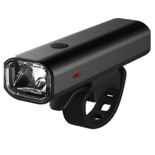Six Peaks cycling front light mounted on a bicycle handlebar, bright LED with adjustable settings for outdoor riding.