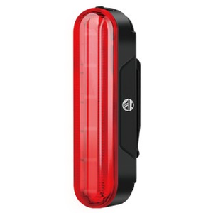 Six Peaks cycling rear light attached to a bicycle, showcasing its bright LED illumination for safety during night riding.