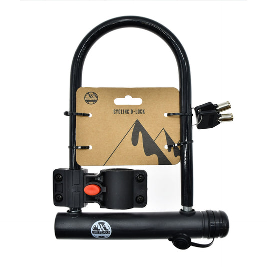 Six Peaks cycling D-Lock in black with key, sturdy steel construction for bike security, shown in close-up.