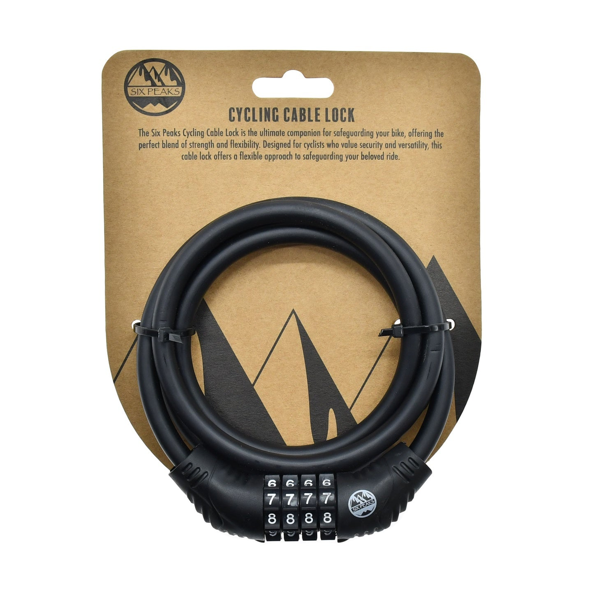 Six Peaks cycling cable lock with coiled steel cable and combination lock for bike security, shown in a close-up view.