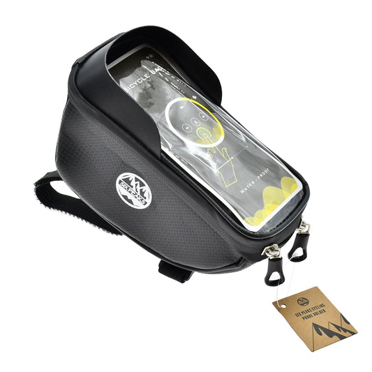Six Peaks cycling phone holder attached to a bicycle handlebar, designed for secure and convenient phone access during rides.