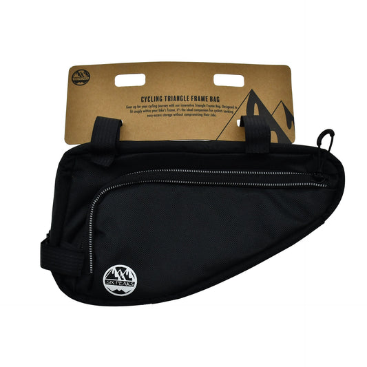 Six Peaks cycling triangle frame bag attached to a bicycle frame, ideal for storing small items during rides.