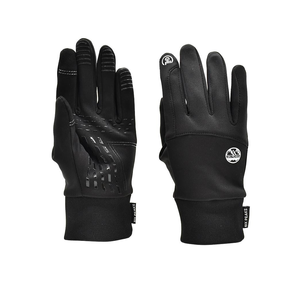 Six Peaks winter thermal gloves for sporting goods, showing black gloves with textured grip and adjustable wrist straps.