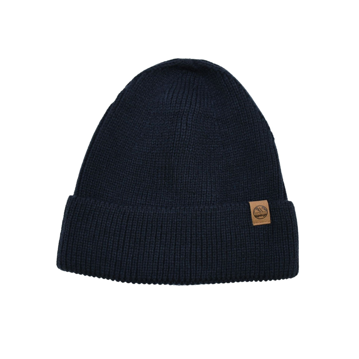 Six Peaks Beanie, a stylish knit sporting goods hat with a folded brim and Six Peaks branding, perfect for outdoor activities.