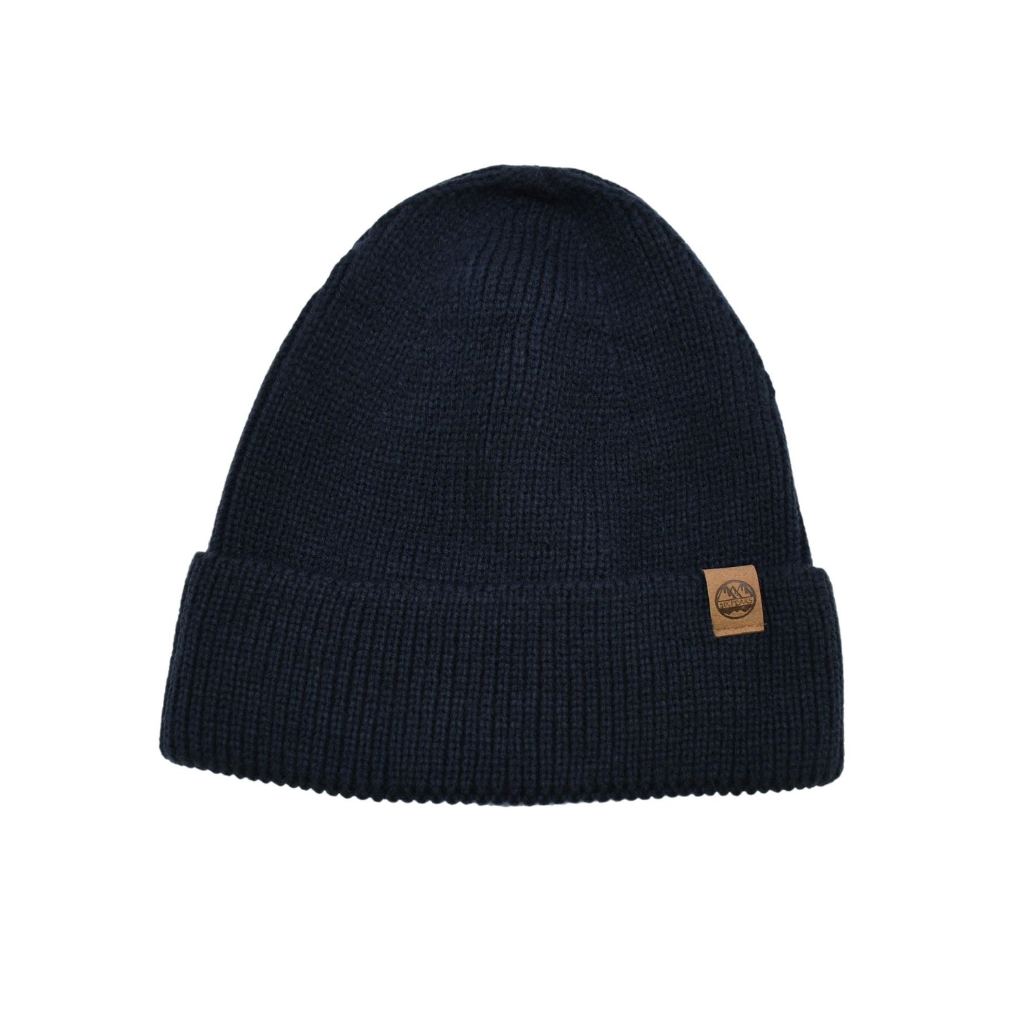 Six Peaks Beanie in black, soft knit fabric, designed for warmth and comfort, featuring a folded cuff and branding detail.