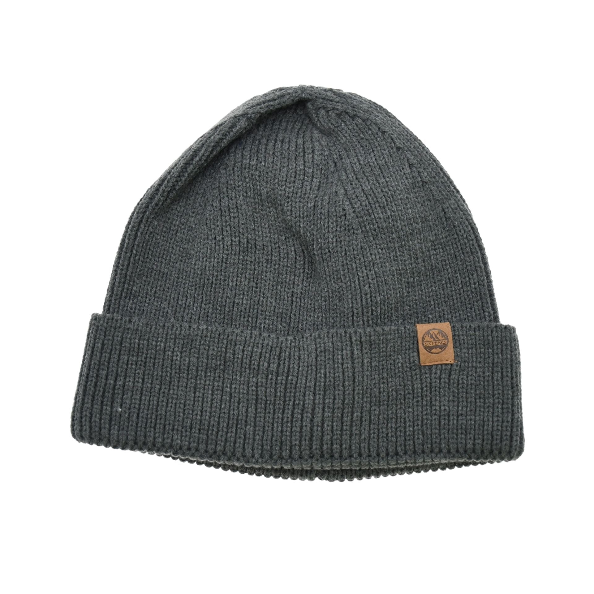 Six Peaks beanie in cozy knit fabric, featuring a folded brim and logo patch, ideal for sporting goods and outdoor activities.
