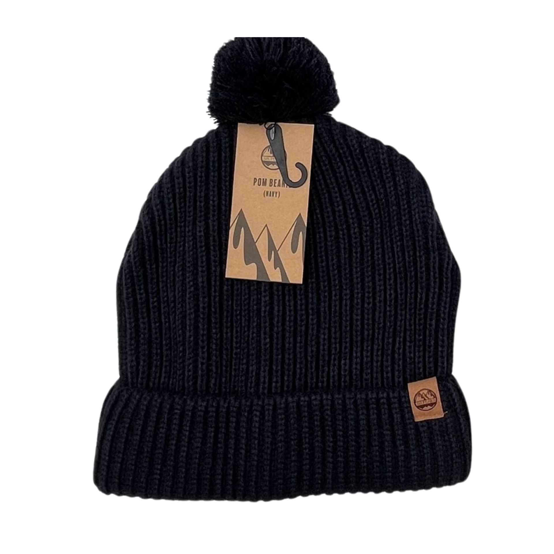 Six Peaks Pom Beanie in black with pom on top, made for cold weather, sporting goods accessory, stylish and warm headwear.