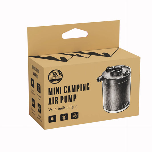Six Peaks Mini Camping Air Pump for sports and outdoor activities, compact handheld device with easy-to-use inflation nozzle.