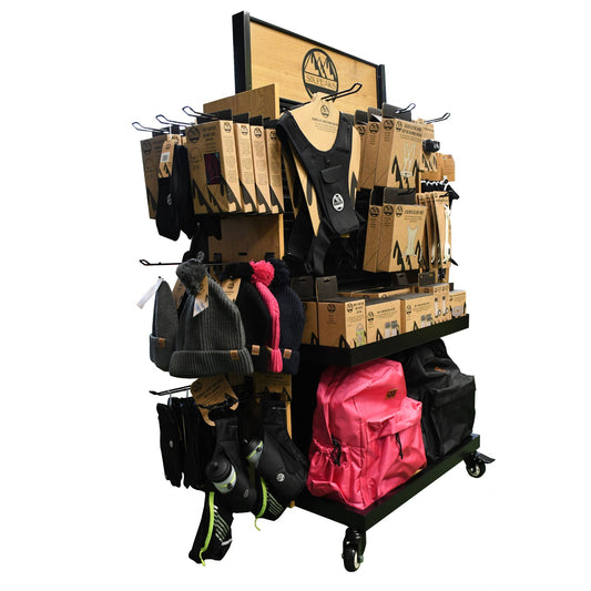 Six Peaks Sporting Goods double-sided FSDU display stand with multiple shelves for retail mobile product showcase